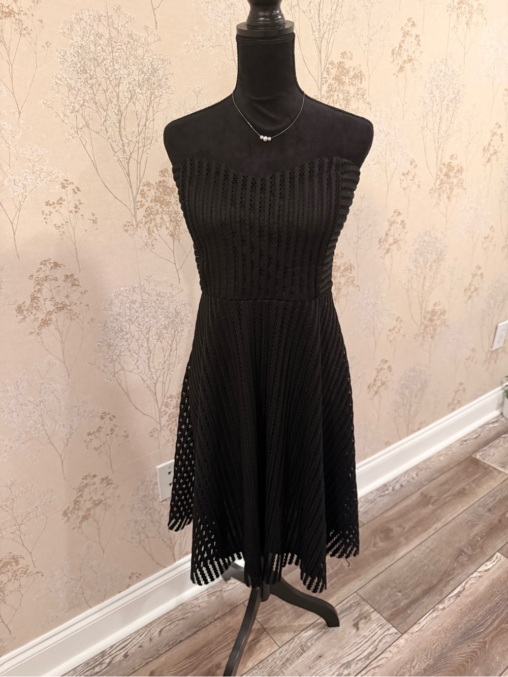 Strapless Black Midi Dress with Textured Knit